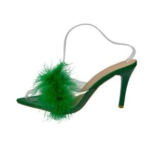 Women's Green Clear Strap Feather Trim Pointed Toe Stiletto Heels Sandals Sz 9.5